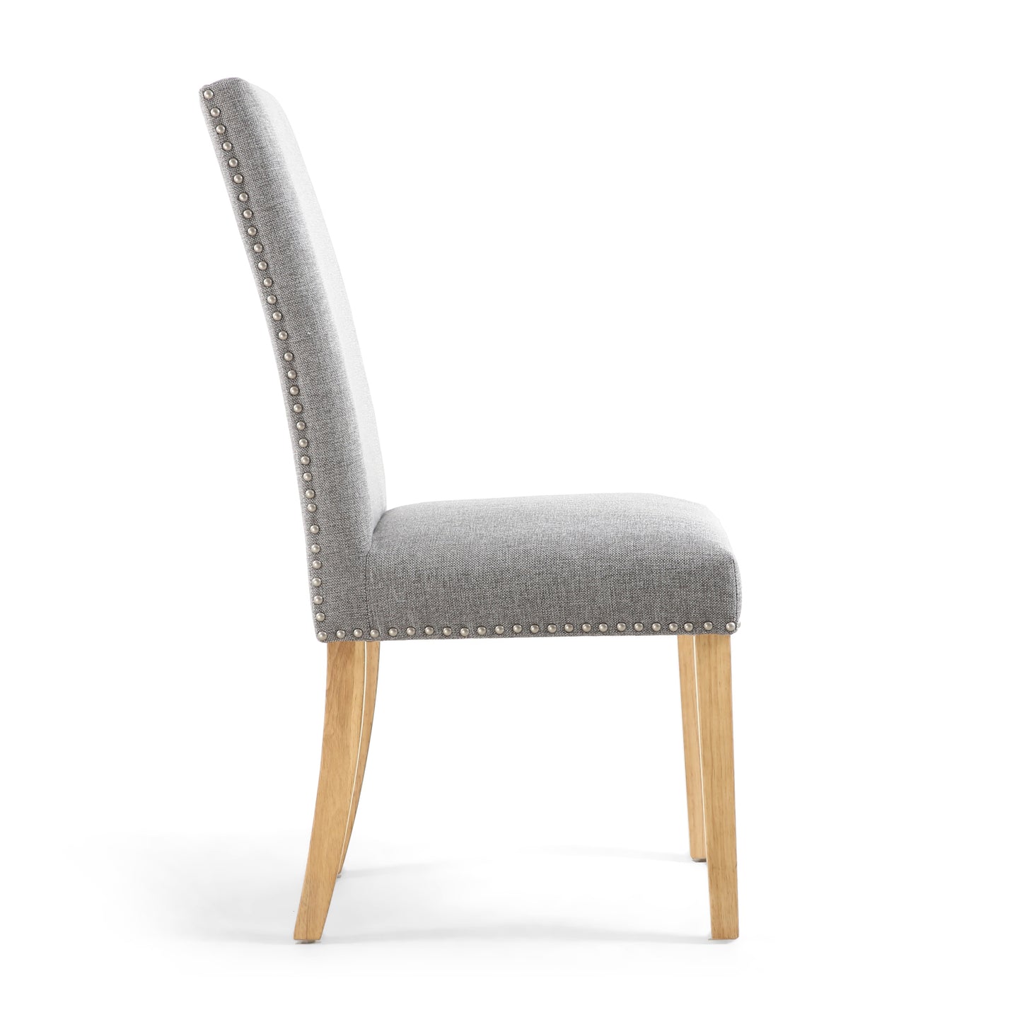 Grey Fabric Studded Dining Chair Light Wood Legs