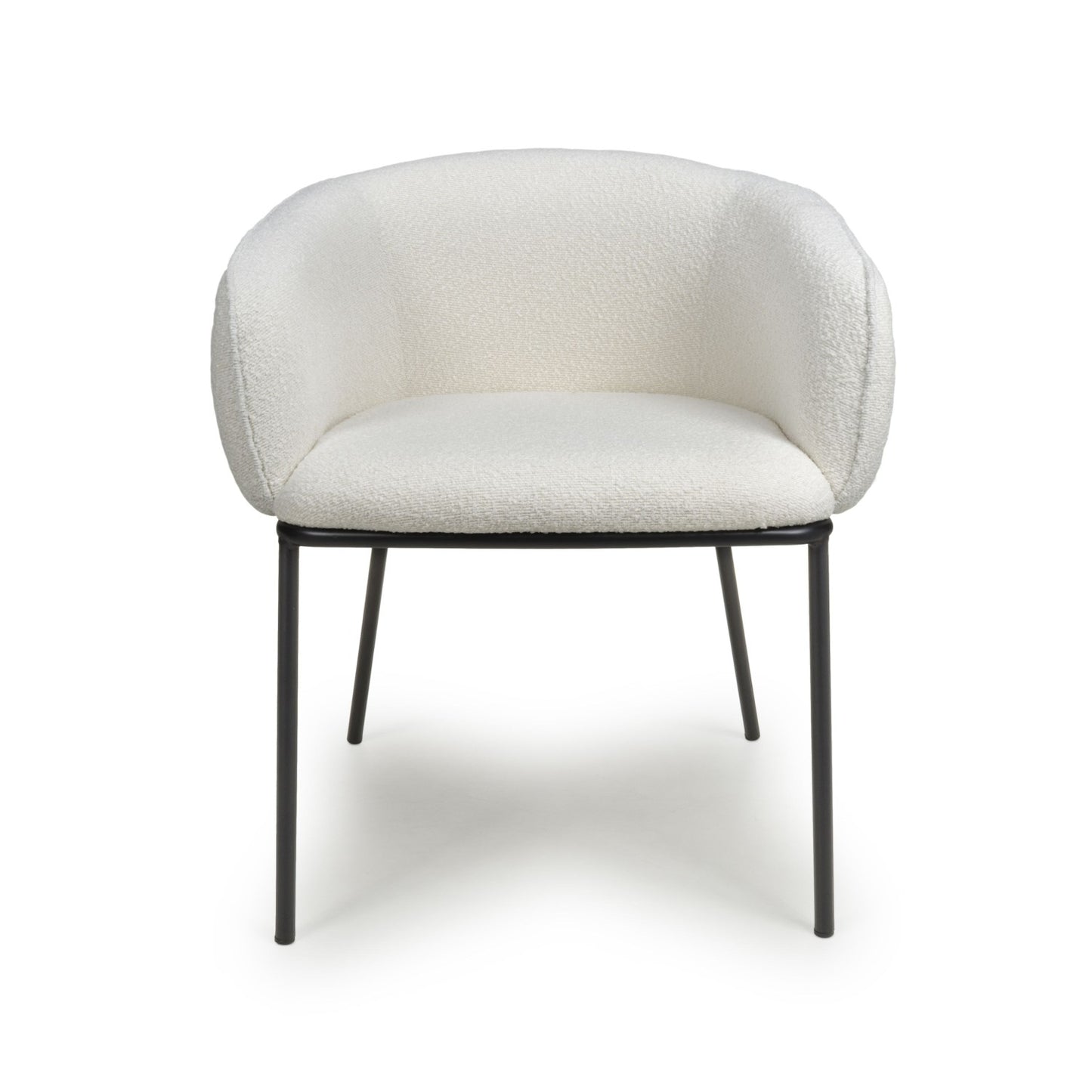 White Boucle Fabric Curved Tub Dining Chair Black Metal Legs