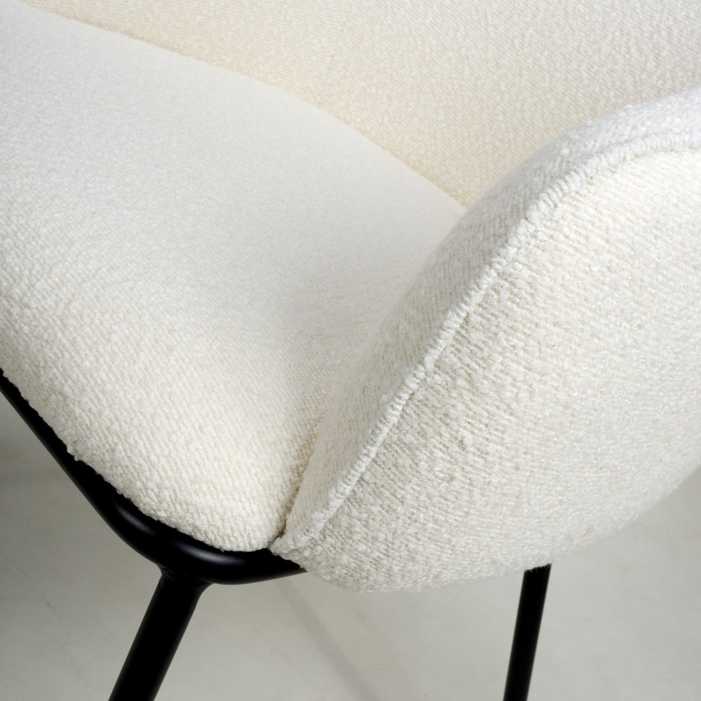 White Boucle Fabric Curved Tub Dining Chair Black Metal Legs