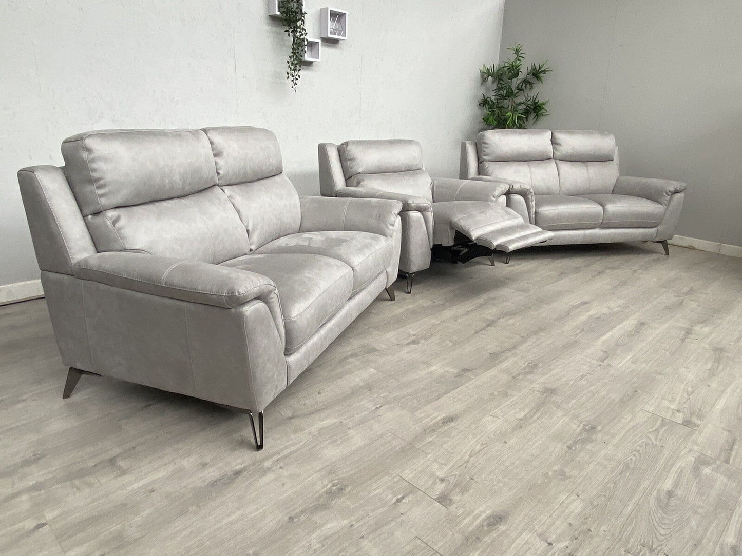 Furniture Village CONTEMPO Fabric 2 x 2 Seater Sofas + Power Recliner Armchair