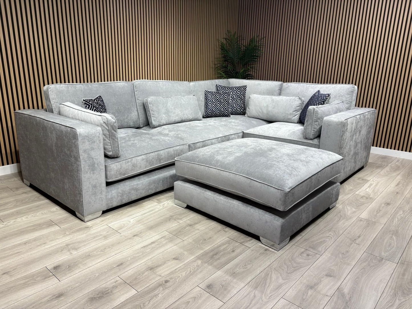 Sofology CAVALLI Style Fabric 3 Corner 1.5 Sofa + Footstool, Silver - RRP £5398