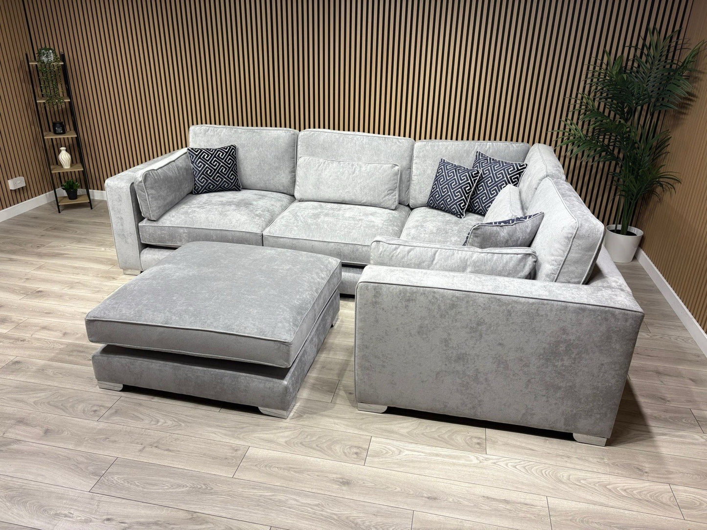 Sofology CAVALLI Style Fabric 3 Corner 1.5 Sofa + Footstool, Silver - RRP £5398