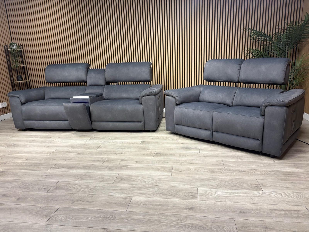 F.V GENIUS Fabric 3 Seater Media Sofa + 2 Seater Power Recliner Set RRP £4940