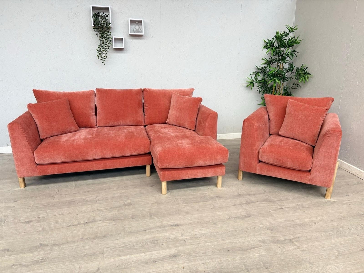 Habitat ASTON Fabric RHF Chaise Corner Sofa + Armchair, Papaya - RRP £2,350