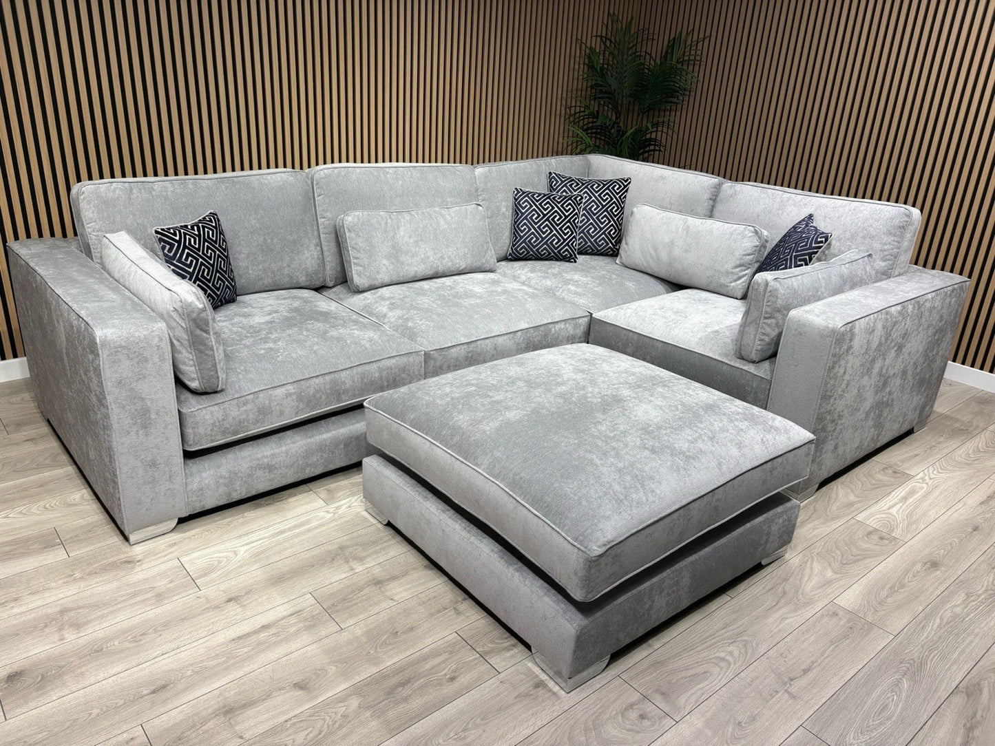 Sofology CAVALLI Style Fabric 3 Corner 1.5 Sofa + Footstool, Silver - RRP £5398