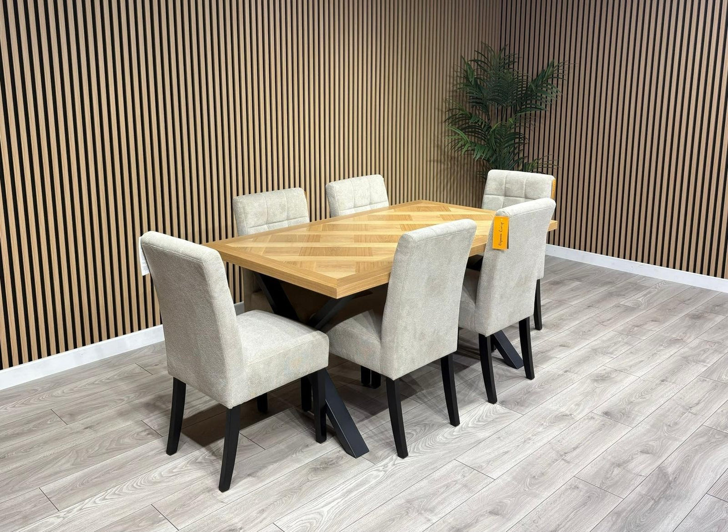 NEXT Sample - LOWRY Oak Parquet Veneer Dining Table + 6 x Chairs - RRP £2,299