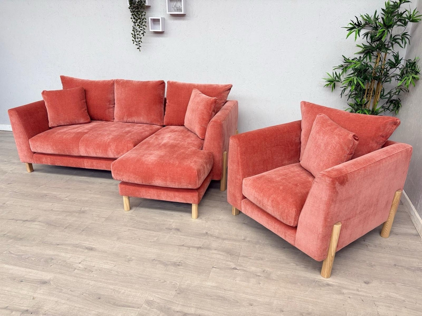 Habitat ASTON Fabric RHF Chaise Corner Sofa + Armchair, Papaya - RRP £2,350