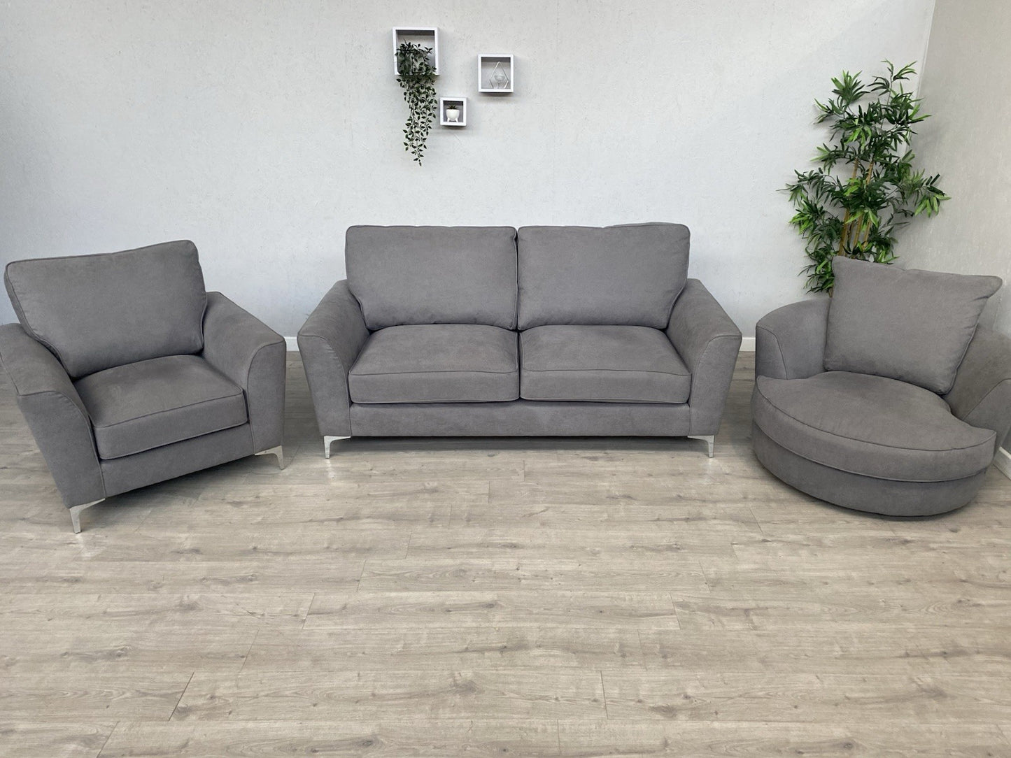 Furniture Village LEGEND Fabric 3 Seater Sofa, Armchair + Swivel Chair RRP £2835
