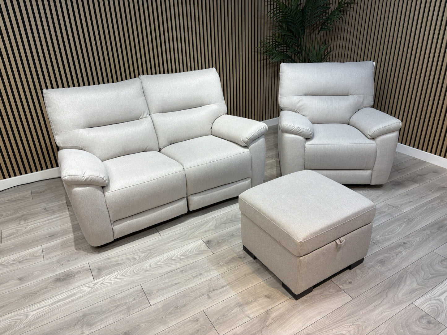 DFS - CAYDANCE Fabric 2 Seater Sofa + Armchair + Stool, Recliners - RRP £2,018