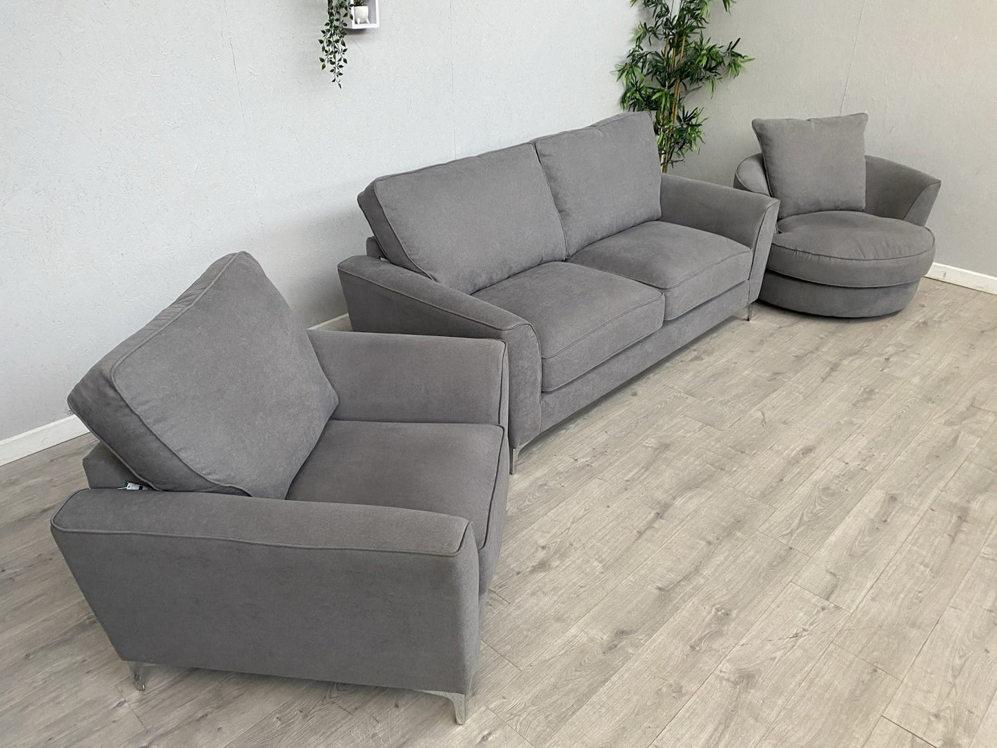 Furniture Village LEGEND Fabric 3 Seater Sofa, Armchair + Swivel Chair RRP £2835