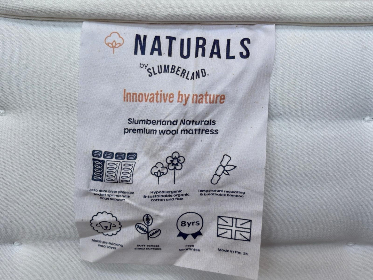 Slumberland NATURALS PREMIUM WOOL 4ft 6 Double Mattress, Firm - RRP £1,099