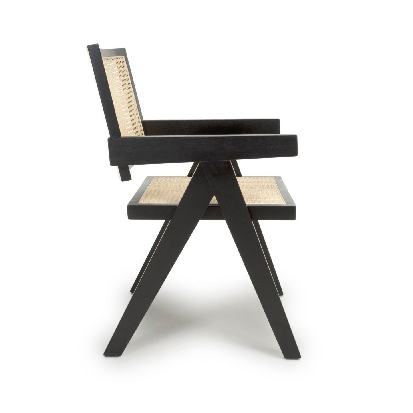 Black Wooden Frame Woven Rattan Dining Chair with Armrests