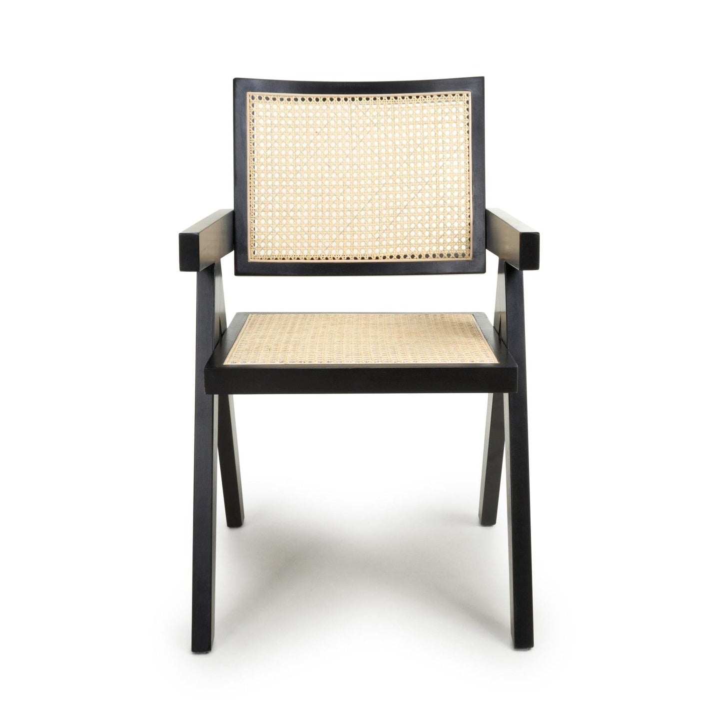 Black Wooden Frame Woven Rattan Dining Chair with Armrests