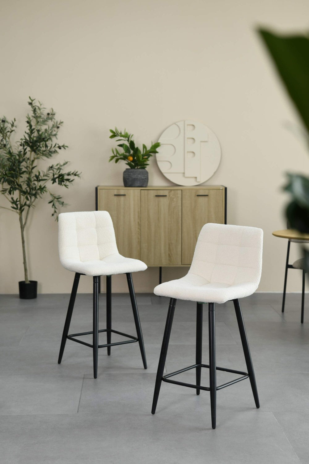 Cream Boucle Fabric Bar Stool Black Metal Legs