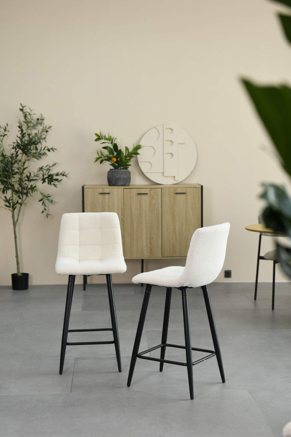 Cream Boucle Fabric Bar Stool Black Metal Legs