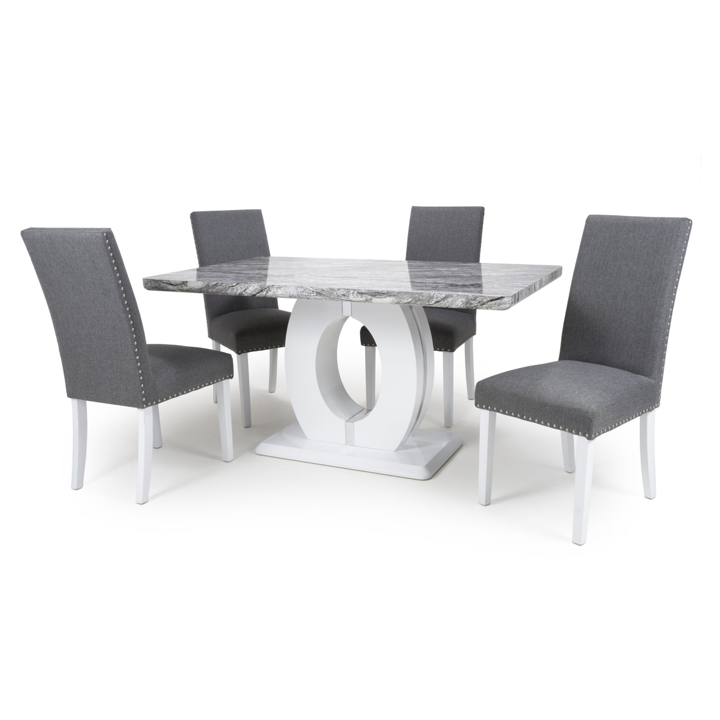 Grey White Marble Top Dining Table Set and 4 Grey Chairs
