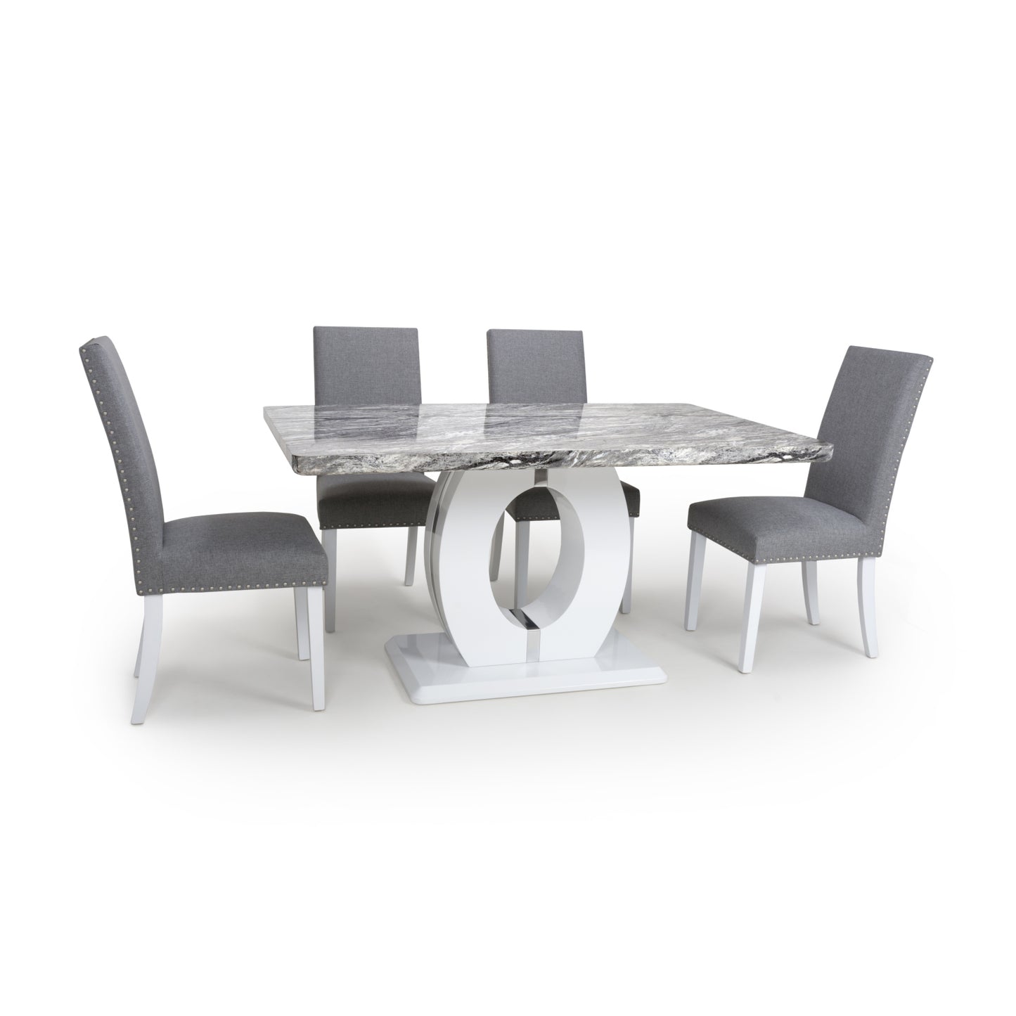 Grey White Marble Top Dining Table Set and 4 Grey Chairs