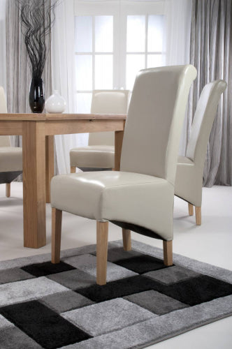 Cream Leather Roll Back Dining Chair Oak Legs