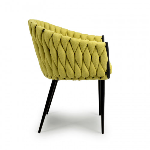 Braided Yellow Fabric Dining Chair with Black Tapered Legs