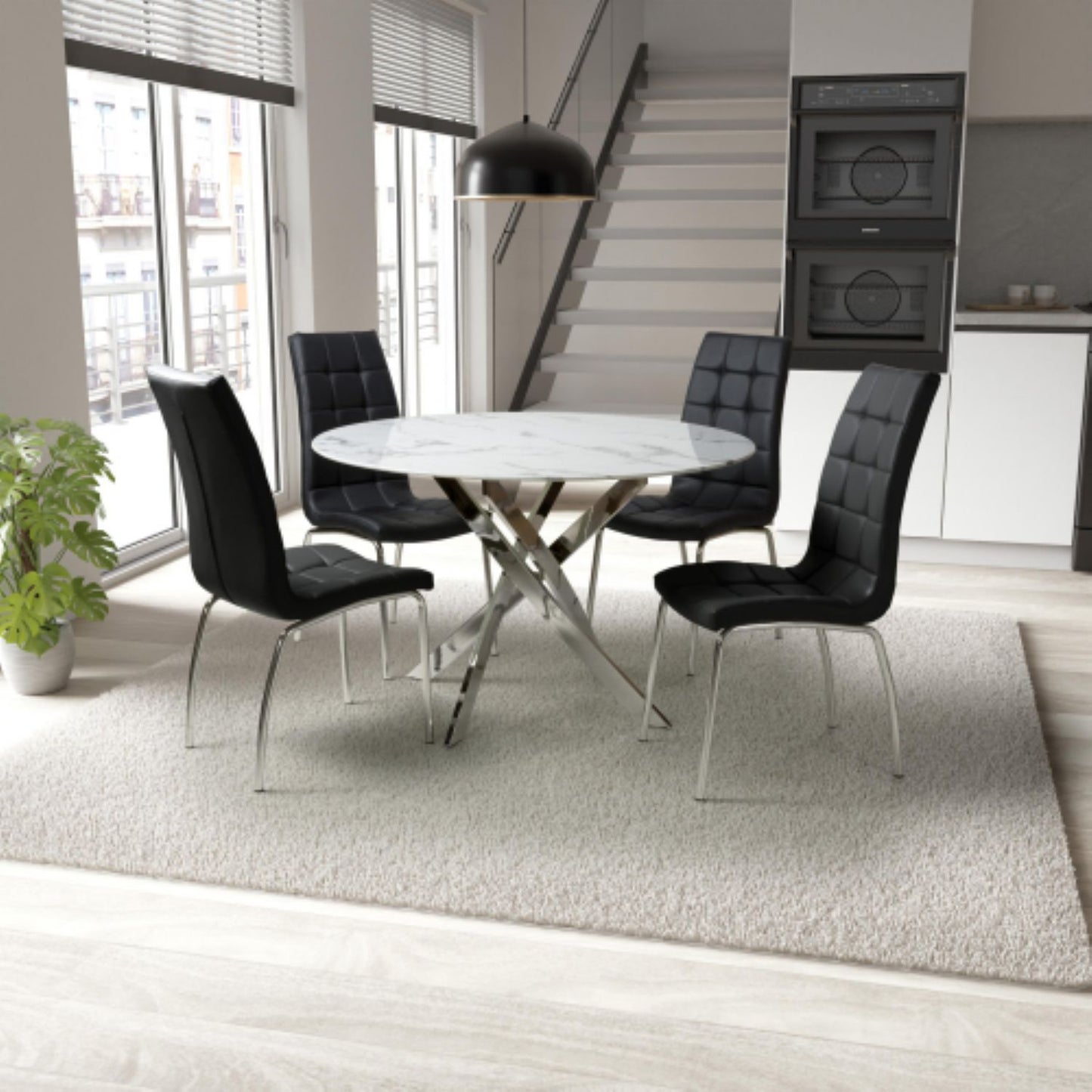 Astoria Round White And 4 Jenner Black with Silver legs Dining Set