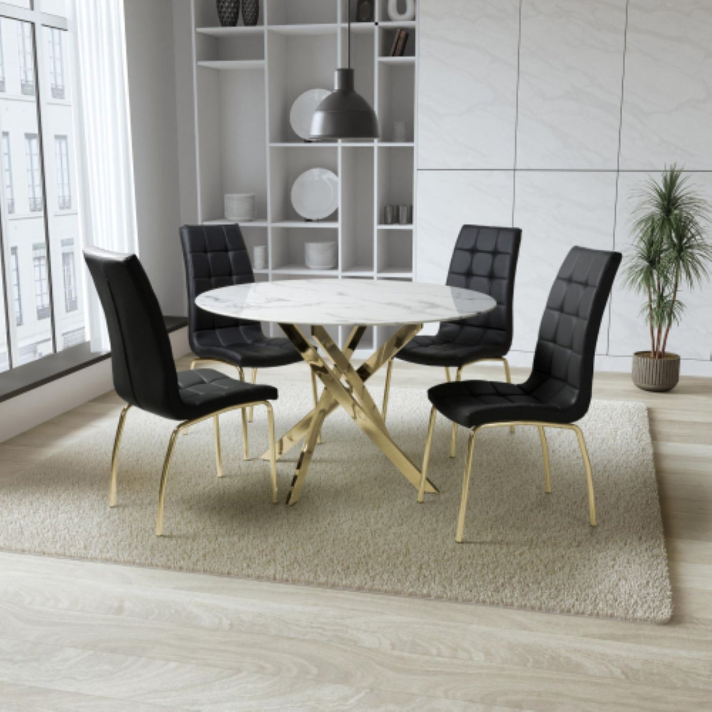 Astoria Round White And 4 Jenner Black with Gold legs Dining Set
