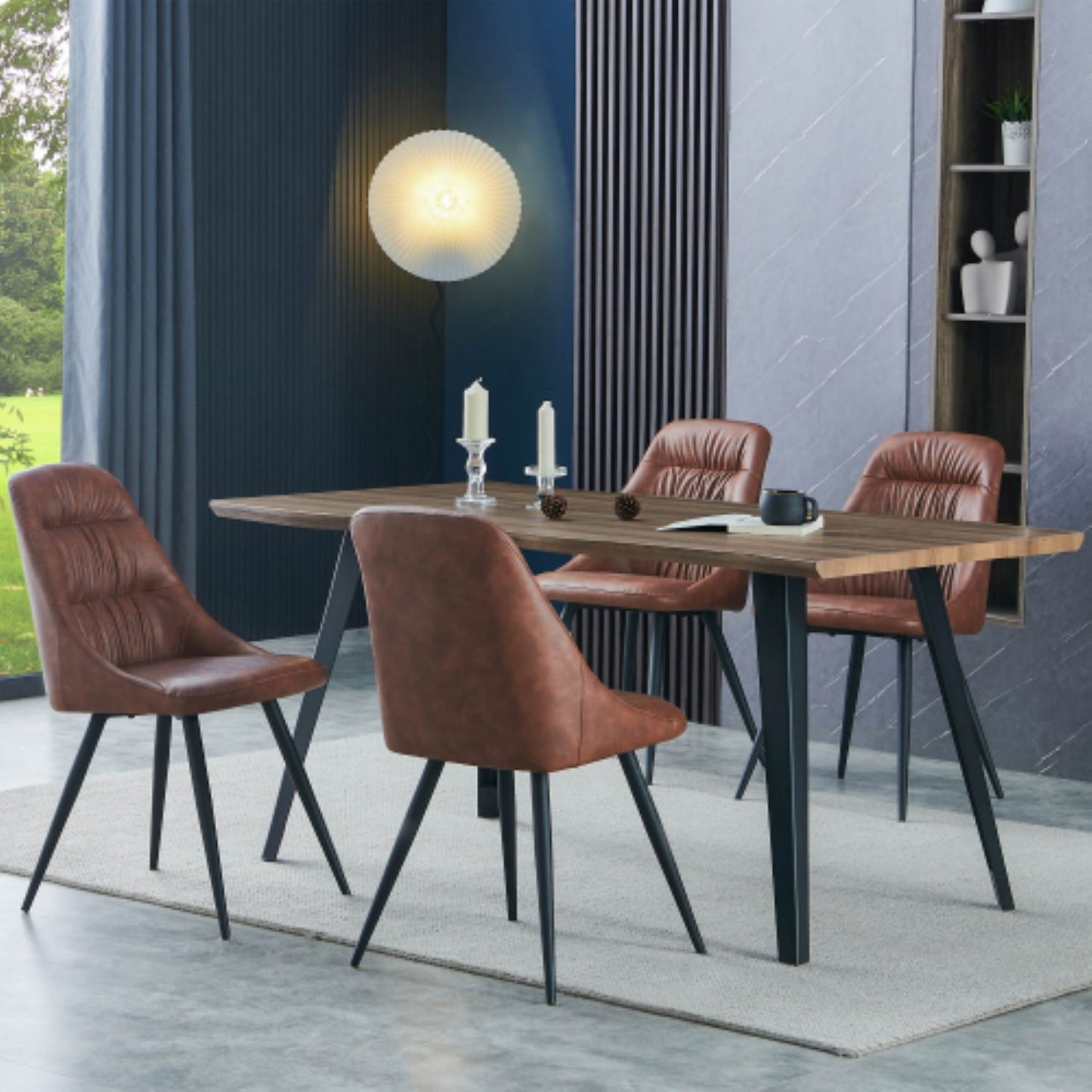Dark Wood Wavy Edge Dining Table Set 4 Tan Brown Leather Chairs
