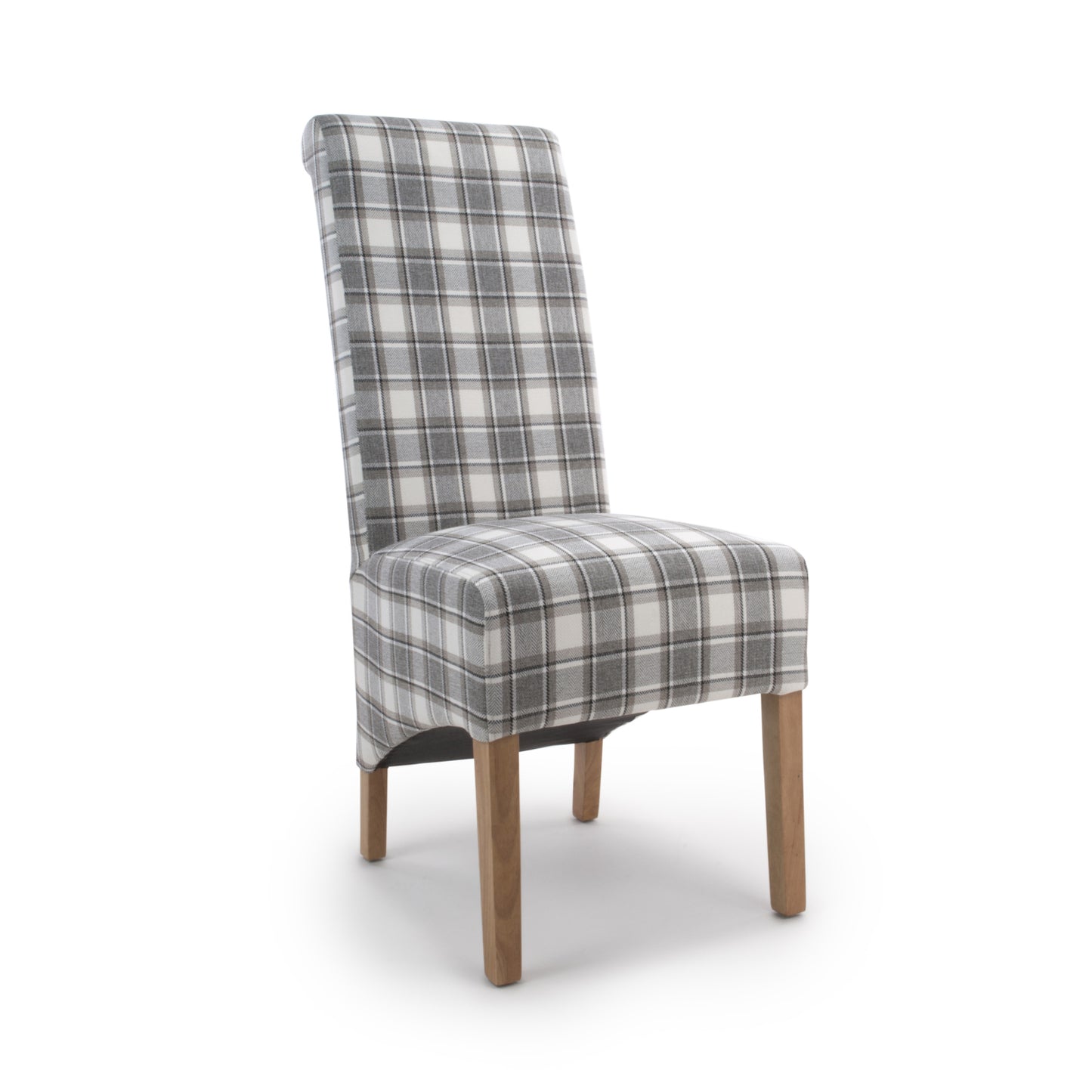 Brown and Grey Checked Fabric Scroll Back Dining Chair