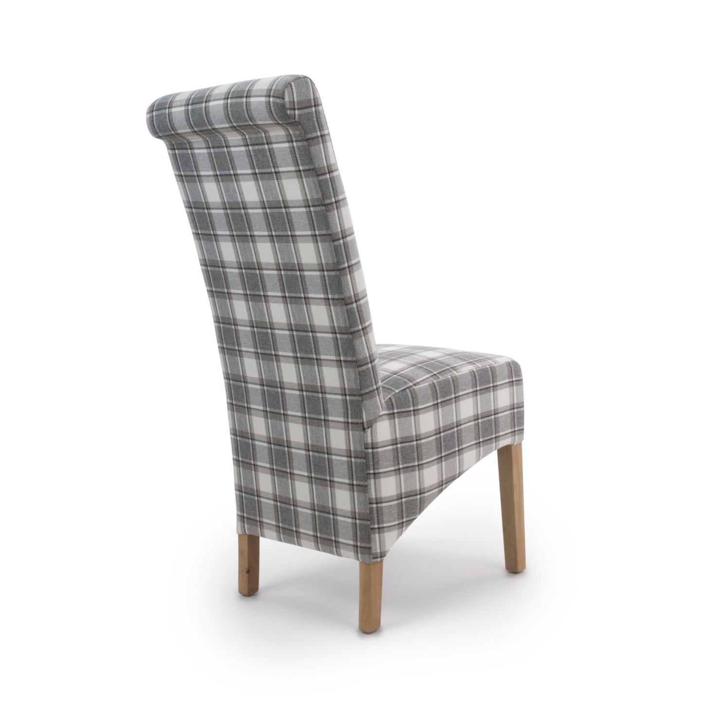 Brown and Grey Checked Fabric Scroll Back Dining Chair