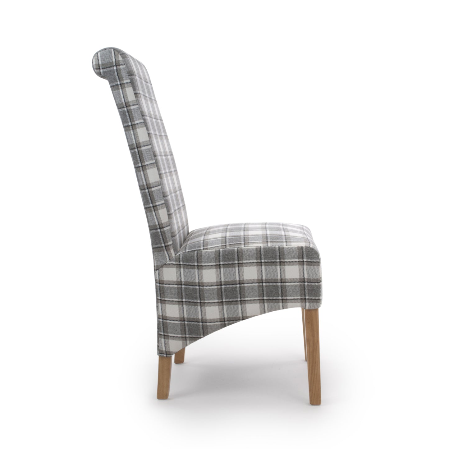 Brown and Grey Checked Fabric Scroll Back Dining Chair