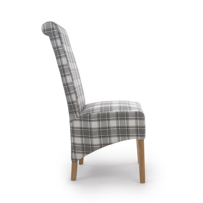 Brown and Grey Checked Fabric Scroll Back Dining Chair