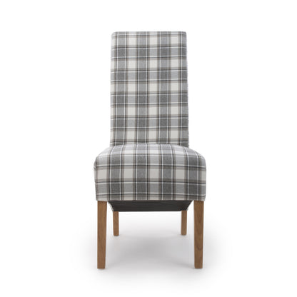 Brown and Grey Checked Fabric Scroll Back Dining Chair