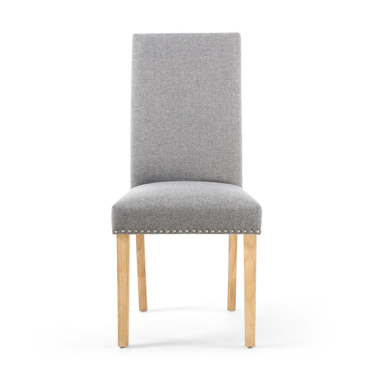 Grey Fabric Studded Dining Chair Light Wood Legs