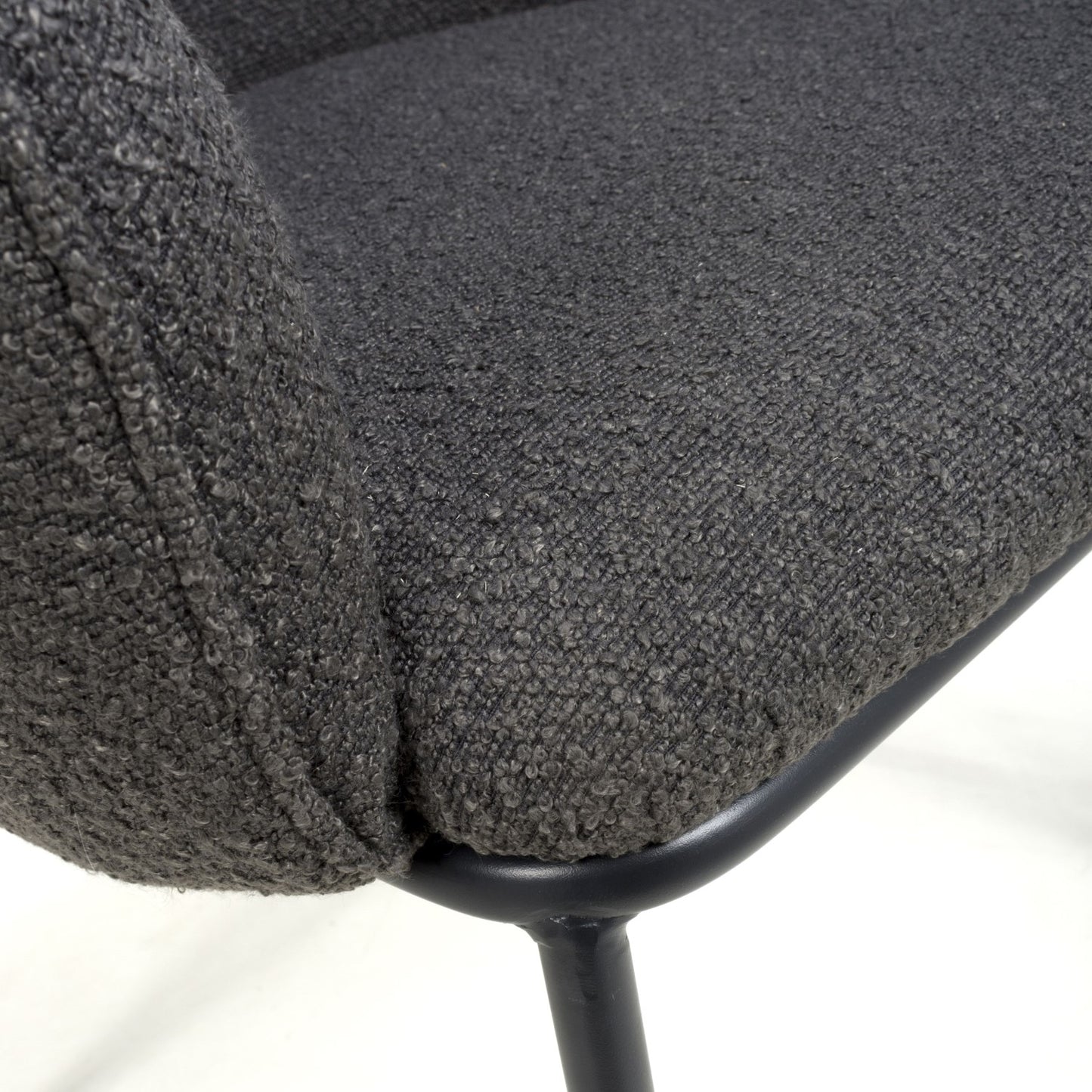 Grey Boucle Fabric Curved Dining Tub Chair Black Metal Legs