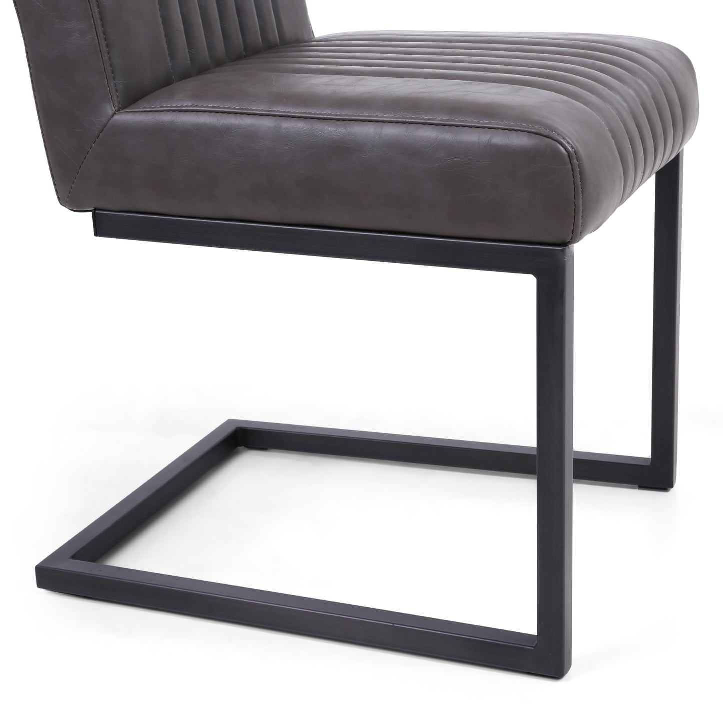 Grey Ribbed Leather Dining Chair Dark Grey Metal Legs