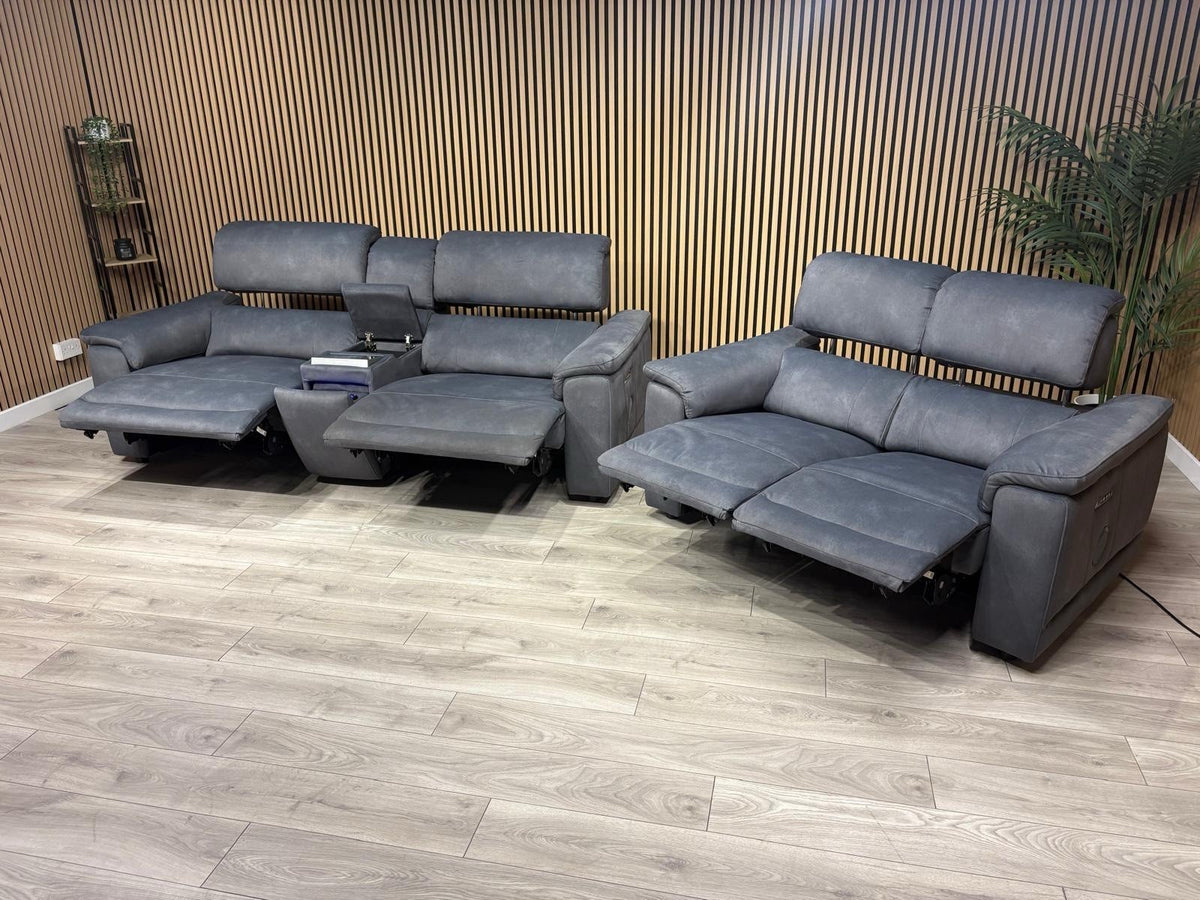 F.V GENIUS Fabric 3 Seater Media Sofa + 2 Seater Power Recliner Set RRP £4940