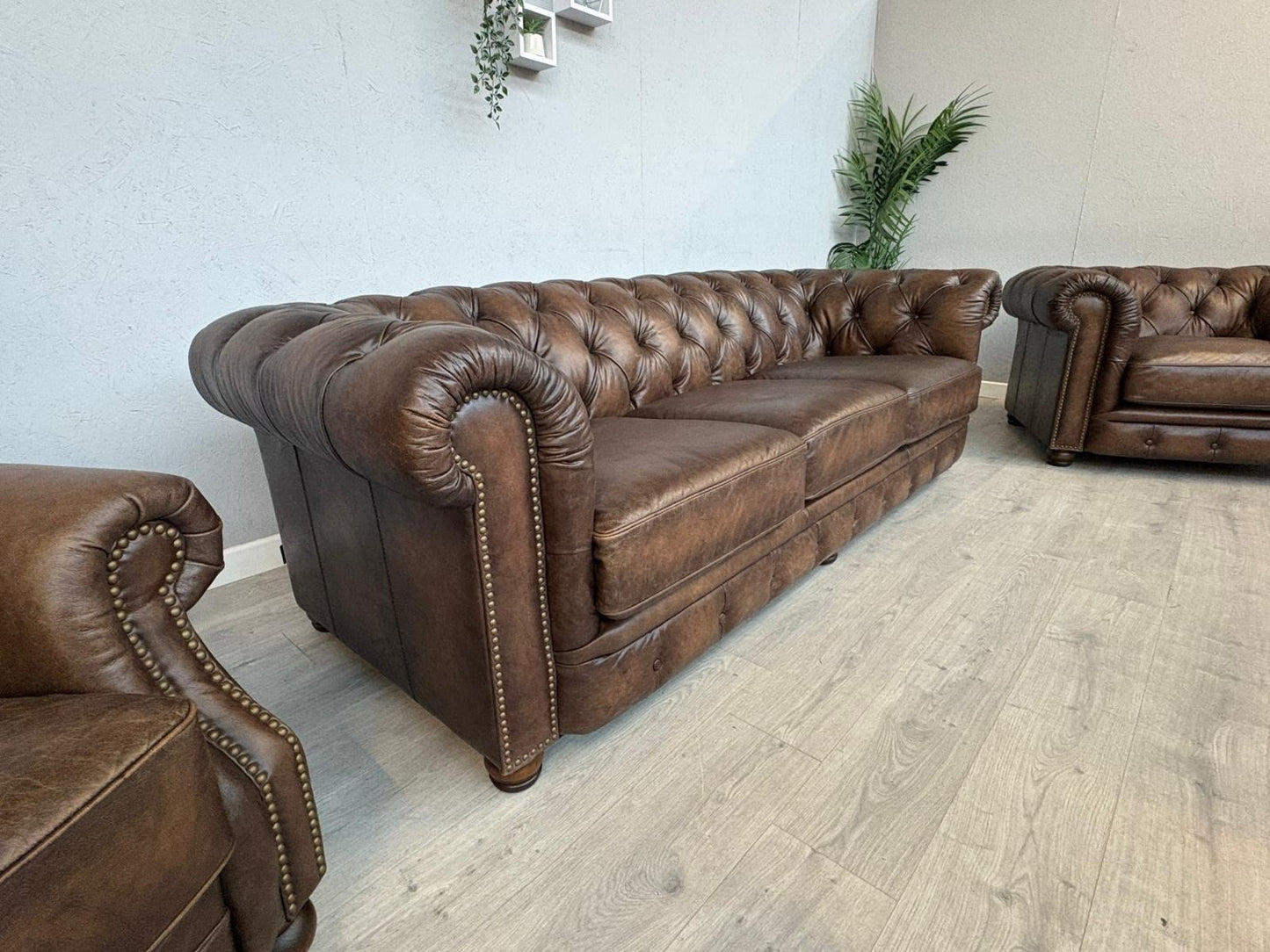 F.V. At The Helm Shackleton Leather Chesterfield 4 Seater Sofa + 2 Chairs, Power