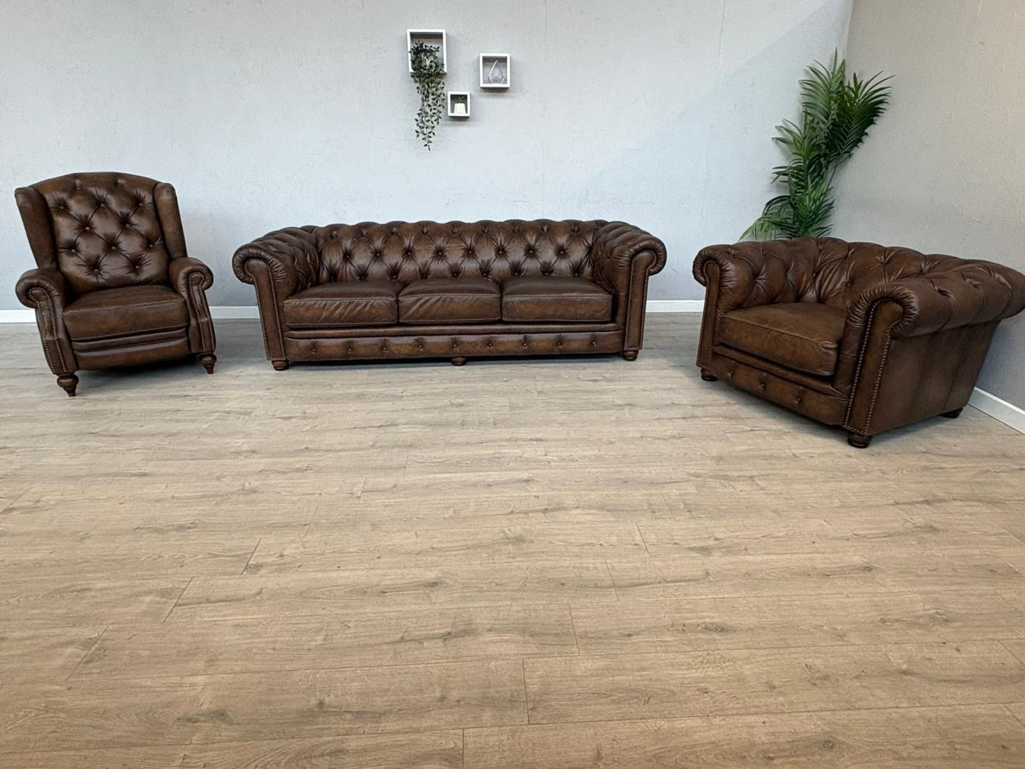 F.V. At The Helm Shackleton Leather Chesterfield 4 Seater Sofa + 2 Chairs, Power