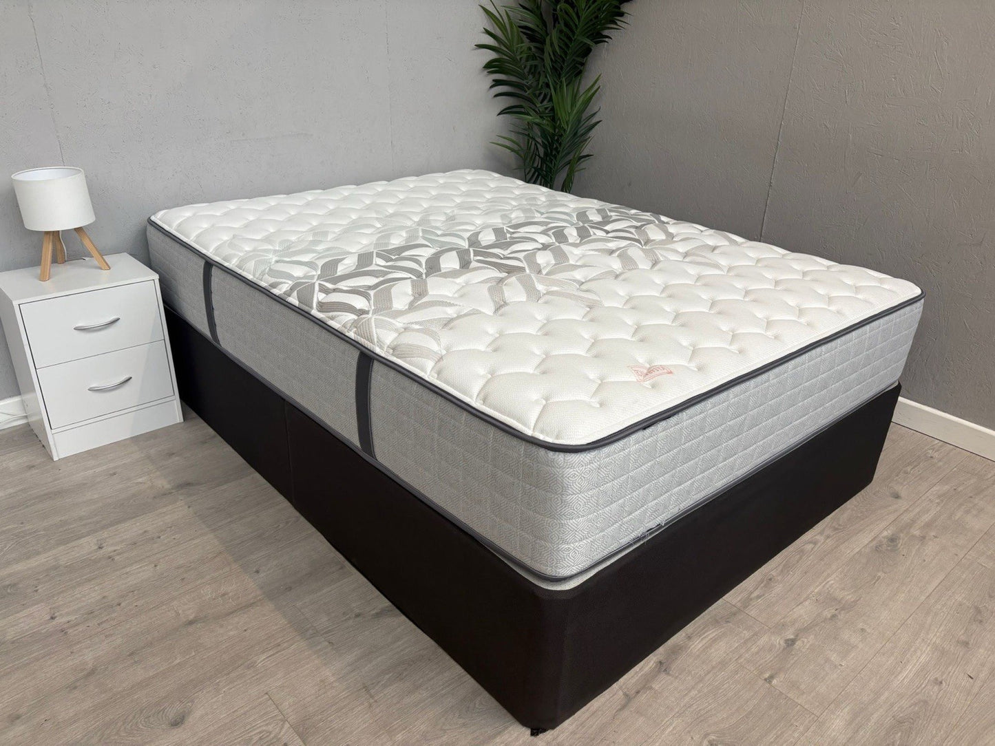 Mattress on a bed frame in a room with a nightstand and plant.