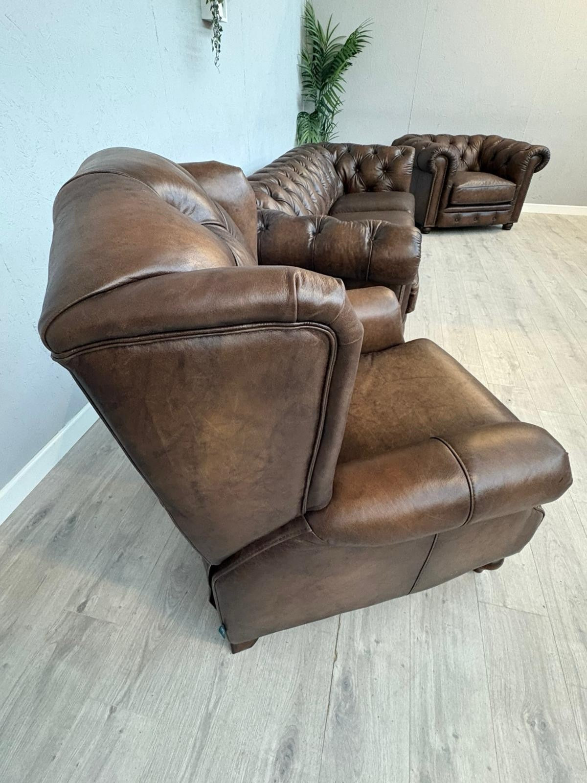 F.V. At The Helm Shackleton Leather Chesterfield 4 Seater Sofa + 2 Chairs, Power