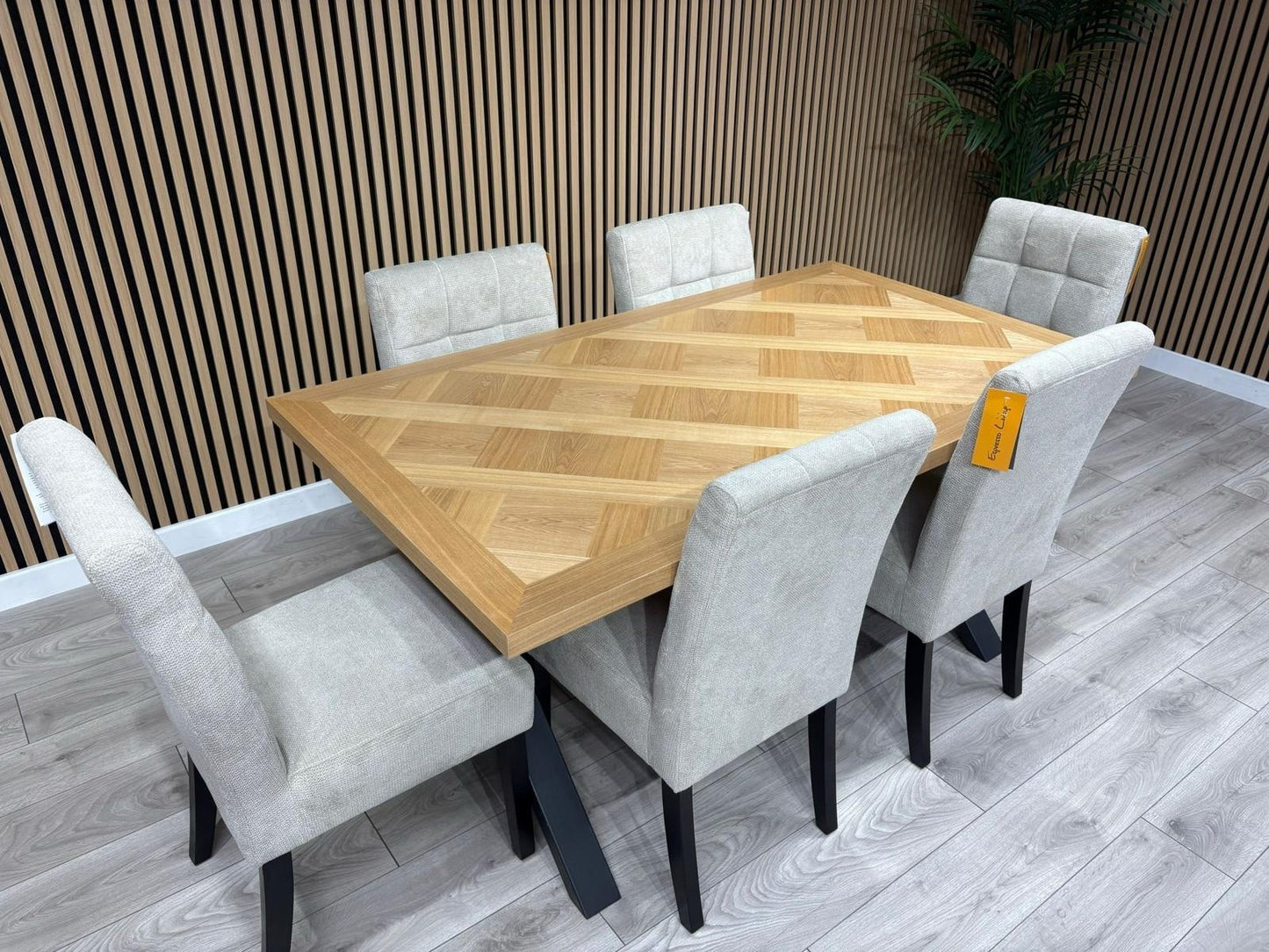 NEXT Sample - LOWRY Oak Parquet Veneer Dining Table + 6 x Chairs - RRP £2,299