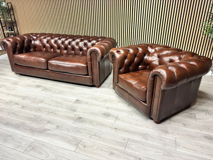 At The Helm Shackleton Style 3 Seater Sofa + Armchair Leather Chesterfield Set
