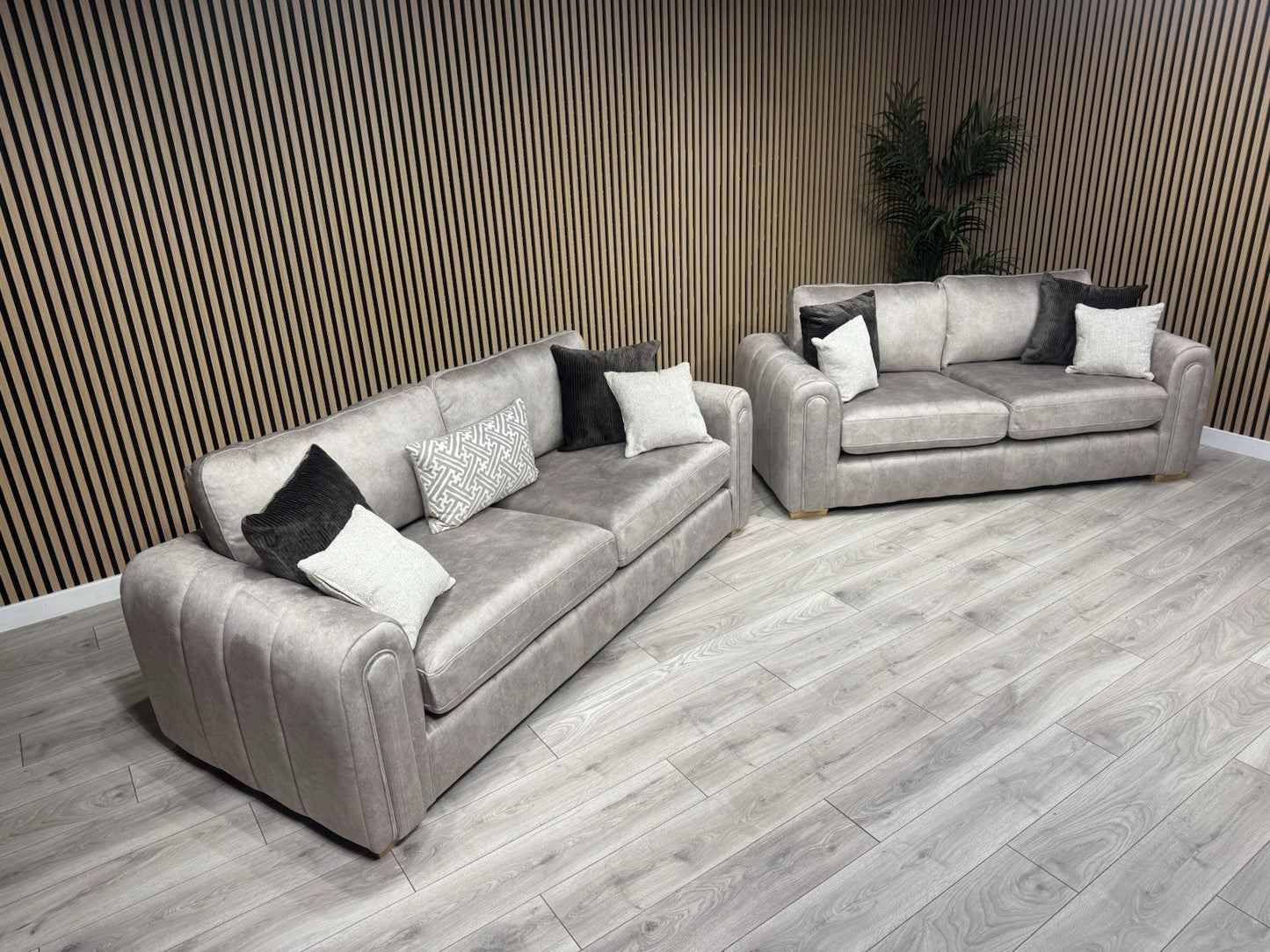 DEVINE Glamour Fabric 3 Seater + 2 Seater Sofa Set, Stone - RRP £2,598