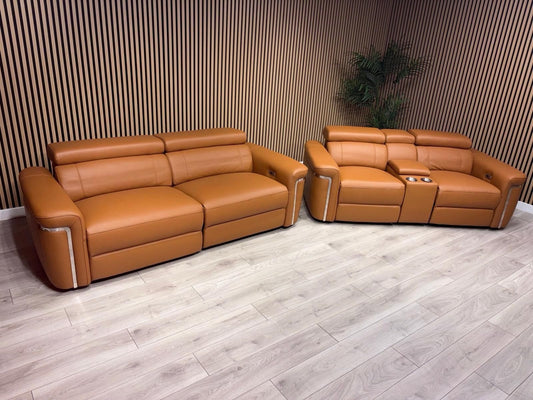 VENICE Leather 3 Seater + 2 Seater Console Power Recliner Sofa Set - RRP £4,598