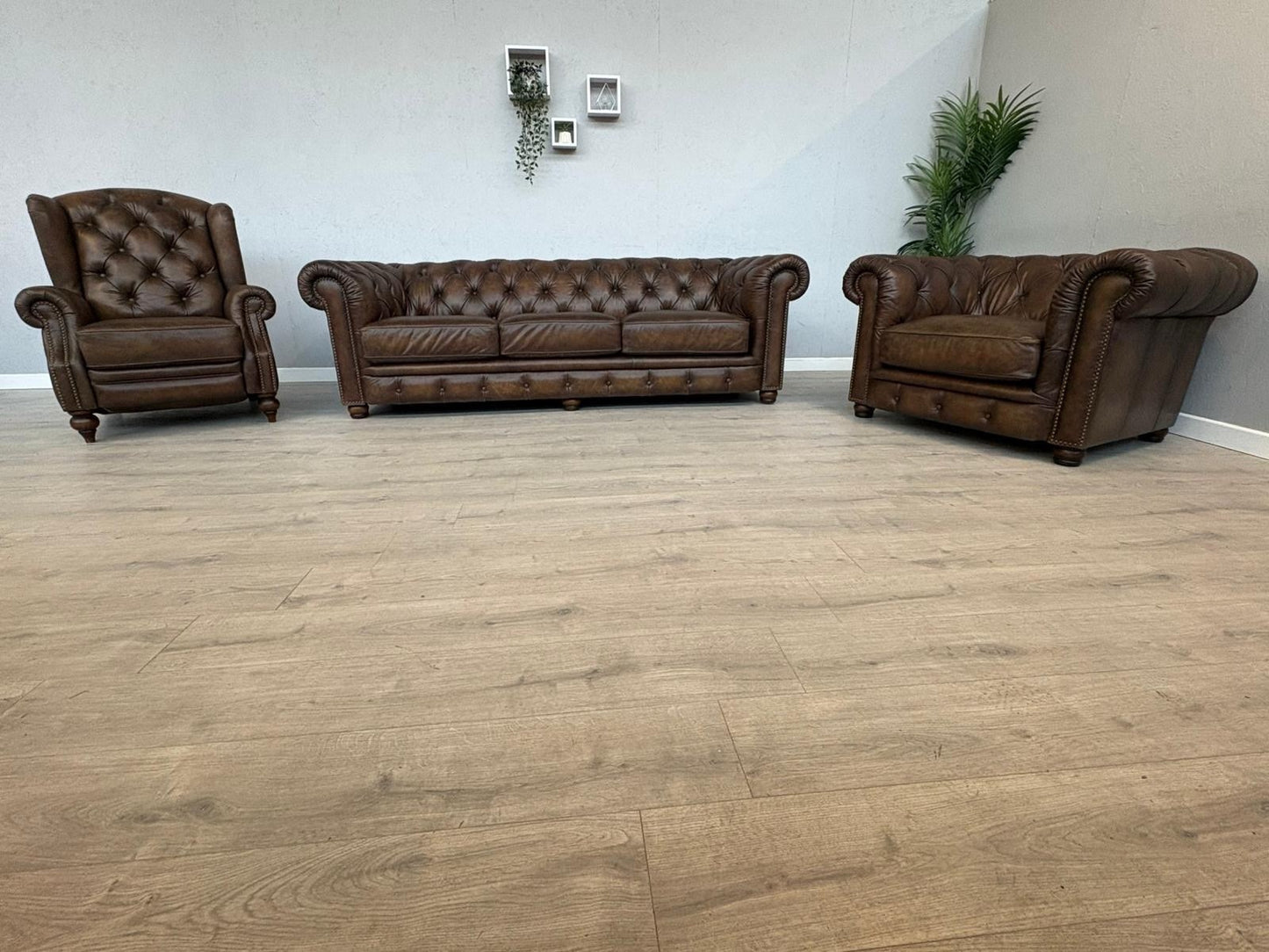 F.V. At The Helm Shackleton Leather Chesterfield 4 Seater Sofa + 2 Chairs, Power