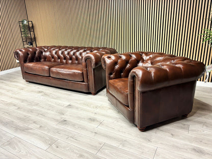 At The Helm Shackleton Style 3 Seater Sofa + Armchair Leather Chesterfield Set