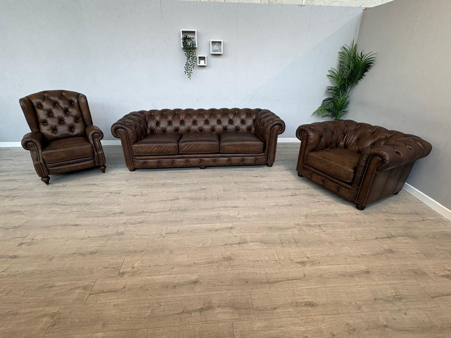 F.V. At The Helm Shackleton Leather Chesterfield 4 Seater Sofa + 2 Chairs, Power