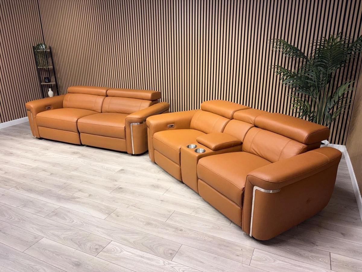 VENICE Leather 3 Seater + 2 Seater Console Power Recliner Sofa Set - RRP £4,598