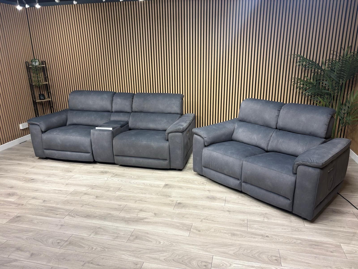 F.V GENIUS Fabric 3 Seater Media Sofa + 2 Seater Power Recliner Set RRP £4940