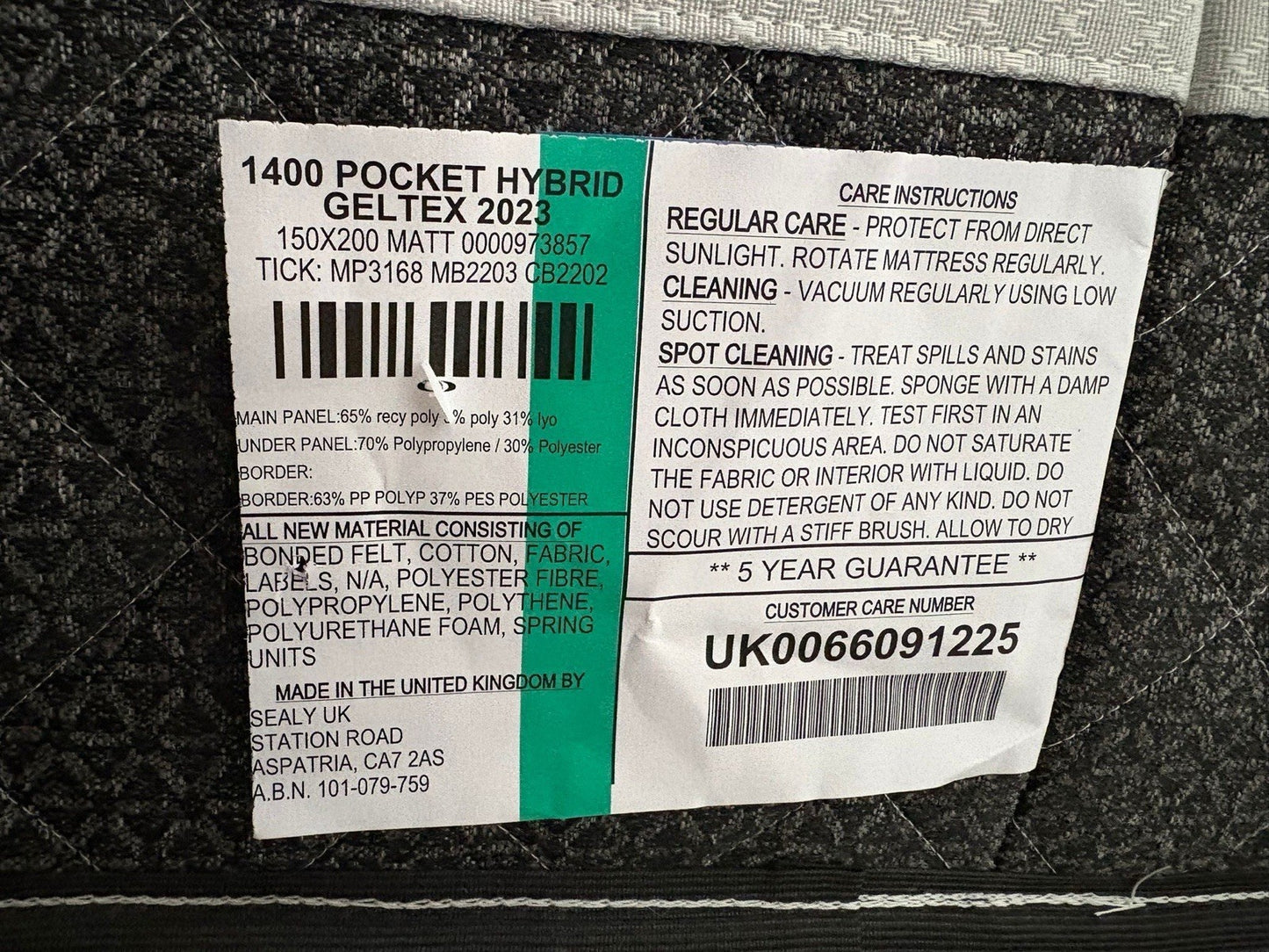 Sealy 1400 Pocket Hybrid Geltex Mattress, Kingsize 5FT RRP £1499 Medium / Firm