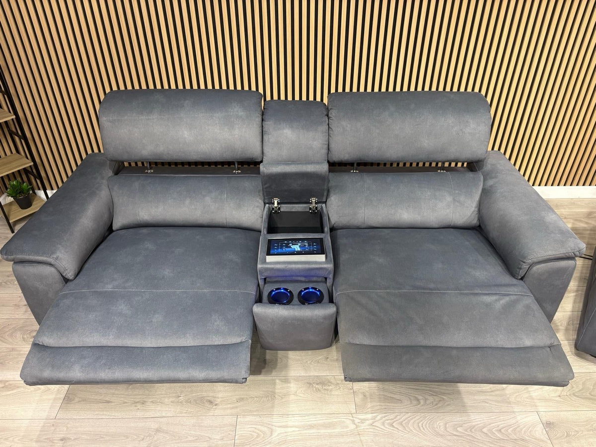 F.V GENIUS Fabric 3 Seater Media Sofa + 2 Seater Power Recliner Set RRP £4940